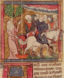 F.288r Fernando de Portugal (1186-1233) Conde de Flandes llevado prisionero a París después de la Batalla de Bouvines, 27 de julio de 1214, Grandes Crónicas de Francia, 1375-79