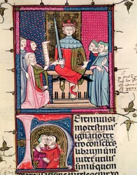 F.39r Ley Conyugal, una esposa adúltera apareciendo en la corte, de Justiniani in Fortiatum