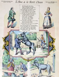 Fábula de La Fontaine “El burro y el perrito”. Imagen de Epinal-Pellerin