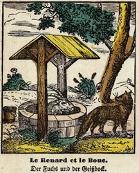 Fábulas de La Fontaine: el zorro y el buen. Imagen de Epinal, primera mitad del siglo XIX