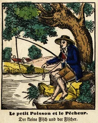 Fábulas de La Fontaine: el pececillo y el pescador. Imagen de Épinal, primera mitad del siglo XIX.
