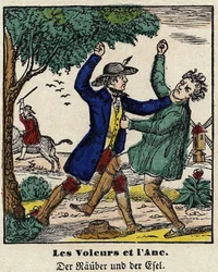 Fábulas de La Fontaine: los ladrones y el burro. Imagen de Epinal, primera mitad del siglo XIX