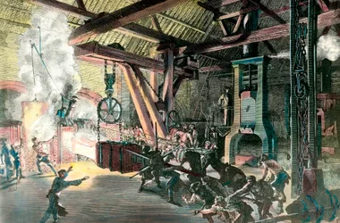 Fábrica: Le hamteau drummer (martillo-tambor) de las forjas de Creusot en 1865. Grabado alrededor de 1865. Colección privada