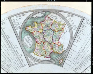 Abanico que representa el Mapa de Francia dividido en 9 regiones, 10 metrópolis y 83 departamentos, 1790