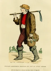 Traje campesino de los siglos XVII al XVIII. Grabado en color a partir de un dibujo de Chevignard, en «Francia y los franceses a través de los siglos» de Augustin Challamel, F. Roy, editor, París 1882. Colección Selva.
