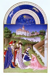 Facsímil de abril: figuras cortesanas en los terrenos del castillo por los hermanos Limbourg, de las Très Riches Heures du Duc de Berry