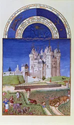 Facsímil de septiembre: cosecha de uvas por los hermanos Limbourg, de las Très Riches Heures du Duc de Berry