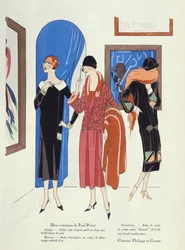 Diseños de moda para visitantes a galerías de arte por Paul Poiret y Philippe et Gaston, de la revista Art, Gout, Beaute, 1925