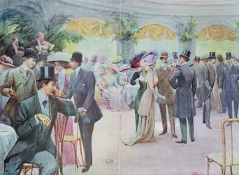 Placa de moda que muestra una reunión de la sociedad, 1908