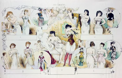 Placa de moda para La Vie Parisienne que muestra corsés, c.1870