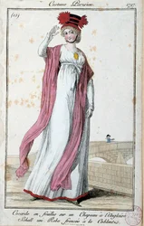 Moda bajo el Directorio: elegante joven con traje parisino, escarapela de cintas en sombrero inglés, vestido con pliegues Coblenz. Grabado anónimo. 1797, París, Musée du Costume