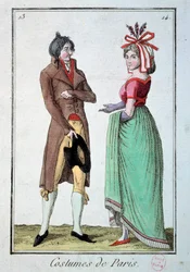 Moda bajo el directorio: una pareja de elegantes, la mujer lleva un sombrero en el jardinero. Grabado de 1795. París, museo del traje