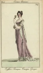 Mujer a la moda con peinado etrusco, túnica de estilo griego