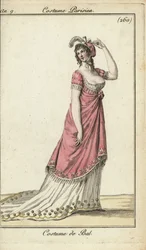 Mujer a la moda con vestido de baile de lujo, París