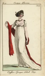 Mujer a la moda o Merveilleuse con peinado de la antigua Grecia