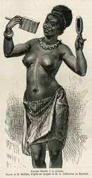Femme Okanda haciendo su aseo, dibujo de D. Maillard, para ilustrar la historia de un viaje a Gabón y el río Ogoué, en 1875-1877, por Alfred Marche. Grabado en Le tour du monde