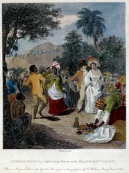 Fiesta de personas negras en la isla de San Vicente (América Central, Antillas). Grabado del siglo XIX. Chartres, Museo de Bellas Artes