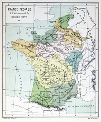 La Francia feudal en la época de la ascensión al trono de Hugo Capeto en 987, mapa ilustrado en una Histoire de France, hacia 1880