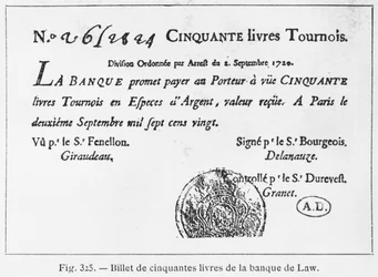 Billete de cincuenta libras francesas del Banco de Law, fechado el 2 de septiembre de 1720