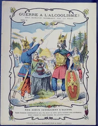 ¡Lucha contra el alcoholismo!, una ilustración de guerreros galos de una funda protectora para libros escolares, finales del siglo XIX