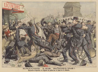 Combate entre apaches y la policía en la plaza de la Bastilla de París (litografía en color)