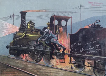 Pelea entre Jacques Lantier (1840-70) y Pecqueux en el tren, Le Lison, escena de La Bestia Humana de Emile Zola (1840-1902) ilustración de Le Petit Rouennais