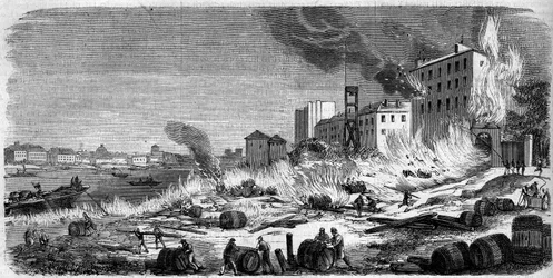 Incendio de los almacenes de vino de Bercy el 5 de agosto de 1860. Grabado en Le Monde Illustré n°174 del 11 de agosto de 1860.