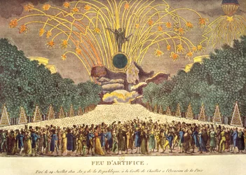 Exhibición de fuegos artificiales en la Grille de Chaillot en París para celebrar la paz, 14 de julio de 1801