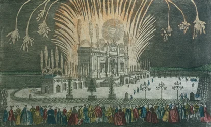 Fuegos artificiales en Green Park para celebrar la firma del Tratado de París en 1763