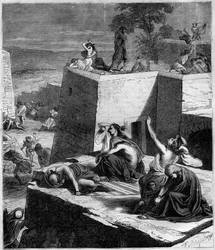 Primera Cruzada (1096-1099): Las Cruzadas Alemanas aplastan a los Húngaros y prenden fuego a las ciudades. Grabado en “Historia de los Papas-Reyes-Reinas y Emperadores a través de los siglos” de Maurice Lachatre