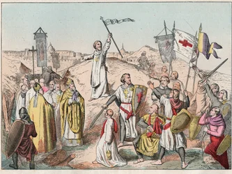 Primera Cruzada: el asedio y la captura de Jerusalén por los cruzados liderados por Godefroy (Godefroi) de Bouillon (1058-1100) en 1099 - Godofredo de Bouillon en el Asedio de Jerusalén - Grabado de finales del siglo XIX en "Nos Gires Nationales - Imágenes