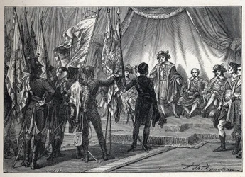 Primera coalición: Joachim Murat (1767-1815) presenta al Directorio Ejecutivo las banderas conquistadas por el ejército francés, comandado por Napoleón Bonaparte, durante la campaña italiana. Grabado de 1889. Colección privada.