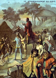 Primera liberación de los siervos (1315) por Luis X. Cromolitografía de la serie "Enseñanza patriótica a través de la imagen"