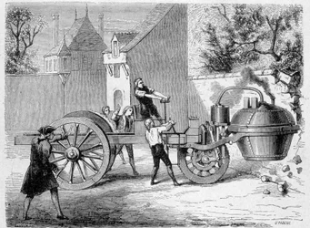 Primer coche de vapor (el fardier) probado por el inventor Cugnot, dentro del Arsenal, París