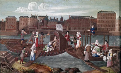 Pescado y lavanda en el reverso. Detalle en el reverso que muestra el ocio de los vendedores de lavanda comiendo, charlando con otros artesanos, un aguador y un limpiabotas, y bailando en una barca en el Sena. Pintura de la escuela francesa del siglo XVII