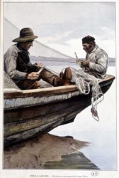 Pescadores remando redes a bordo, v. 1895