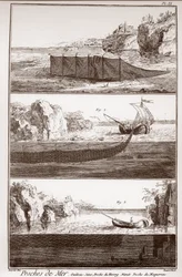 Pesca y fabricación y uso de redes de pesca - La Gran Enciclopedia, o Diccionario Razonado de las Ciencias, las Artes y los Oficios por Denis Diderot (1713-1784) y Jean d