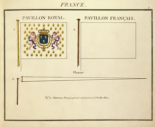 Bandera de Luis XVIII y Carlos X, Reyes de Francia, de Pavillons des Puissances Maritimes (grabado en color)