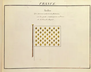 Bandera de un príncipe de la familia real, de Pavillons des Puissances Maritimes (grabado en color)