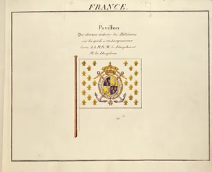 Bandera del Delfín y la Delfina, Luis Antonio y María Teresa de Francia, de Pavillons des Puissances Maritimes, c.1815-30 (grabado en color)