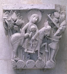 La huida a Egipto, capitel original de la nave de la catedral