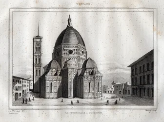 Catedral de Florencia - Vista de la catedral de Florencia, Duomo Santa Maria del Fiore. La cúpula fue realizada por Filippo Brunelleschi hacia 1420-1436, Florencia, Italia - Grabado de 