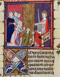 Fol.11v Una niña y su madre apareciendo ante un juez, de Justiniani in Fortiatum