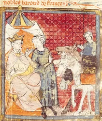 Fol.133r Roland despidiéndose de Carlomagno (742-814), Grandes Crónicas de Francia, 1375-79