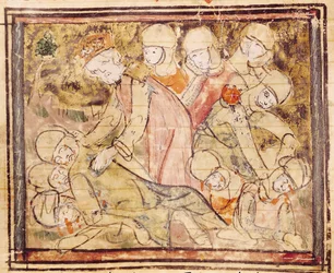 Fol.136v Cómo Carlomagno (742-814) encontró a Roldán muerto, de las Grandes Crónicas de Francia, 1375-79