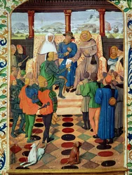 Fol.185v Carlos VII (1403-61) entregando un documento a Juana de Arco (1412-31) de Le Jouvencel por Jean de Bueil (1405-78)