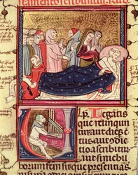 Fol.195v Un hombre moribundo dictando su testamento, de Justiniani in Fortiatum