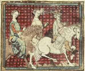 Fol.31r Chilperico I (543-97) y Fredegonda a caballo, de las Grandes Crónicas de Francia, 1375-79