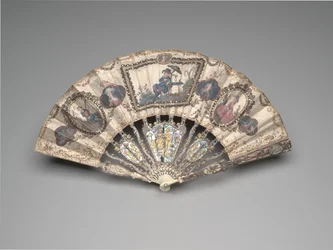 Abanico plegable con una escena de chinoiserie, retratos, figuras pastorales y bodegones, c.1780s