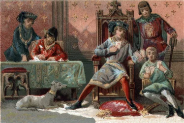 Para distraerse, el Rey de Francia Carlos VI (1368-1422) solía jugar a las cartas. Cromolitografía alrededor de 1890